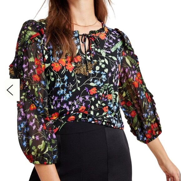 Anthropologie Maeve Jaquin Peasant Blouse Black Floral Puff Sleeve Size 1X - Picture 1 of 14